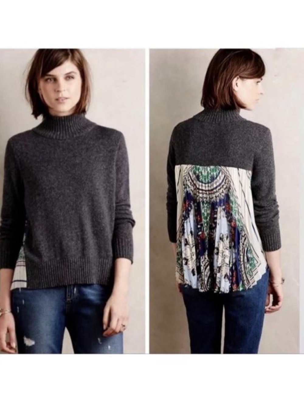 Vintage Anthropologie Charcoal Gray Turtleneck Sweater with Printed Back Panel 🍂